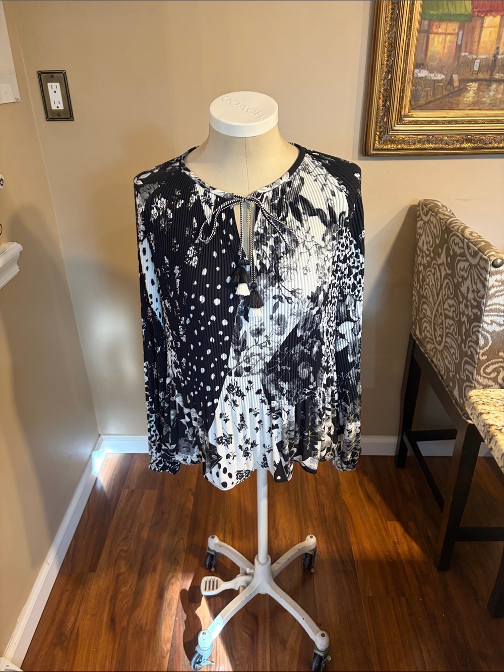 White House Black Market Black & White Mixed-Print Pleated Tie-Neck Blouse